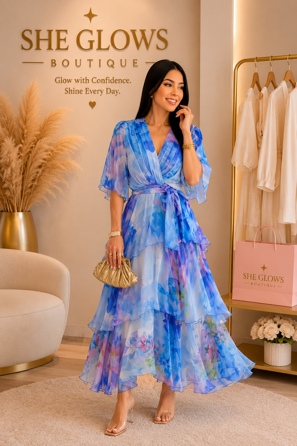 Women Floral Elegance Blue Sky Dress