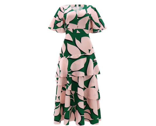 Wholesale Women Fashion Casual Summer Irregular Printed V-Neck Short-Sleeve Button Dress